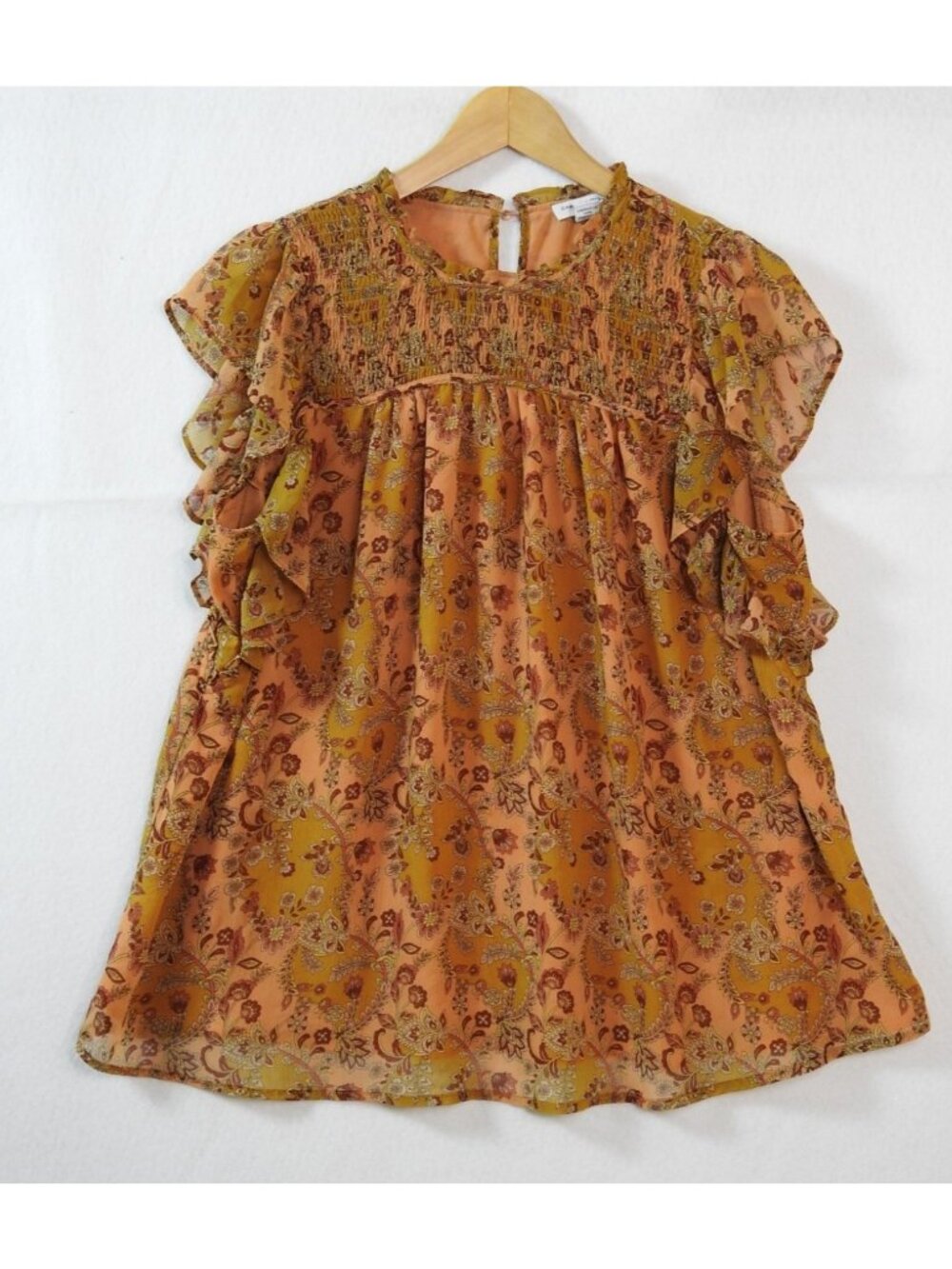 Carolina Belle Montreal Floral Smocked Flutter Sleeve Blouse XL Boho Top Orange - Picture 2 of 8